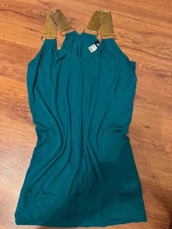 H&M petrolkék ruha aranyszínű láncos pántokkal – XS 3