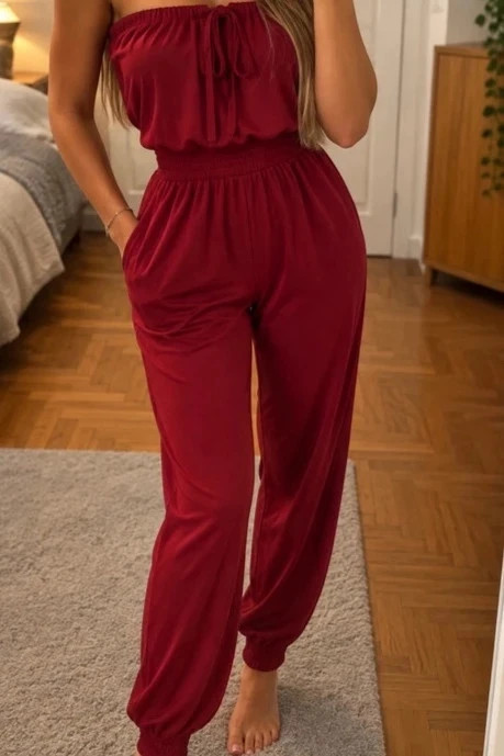 Piros női overál / jumpsuit – váll nélküli, megkötős – XS-S 1