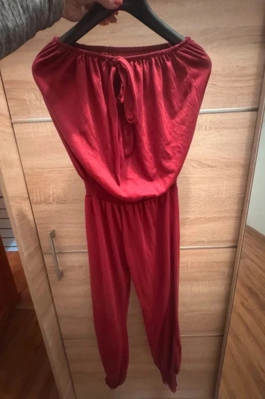 Piros női overál / jumpsuit – váll nélküli, megkötős – XS-S 4