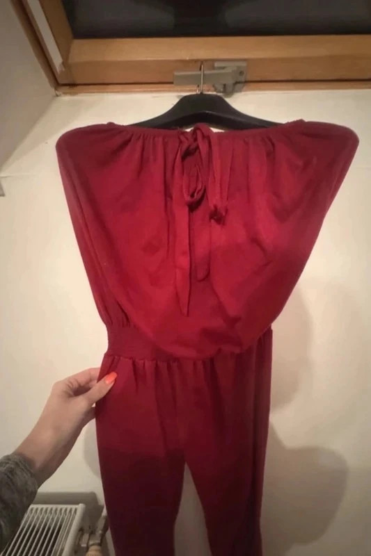 Piros női overál / jumpsuit – váll nélküli, megkötős – XS-S 3