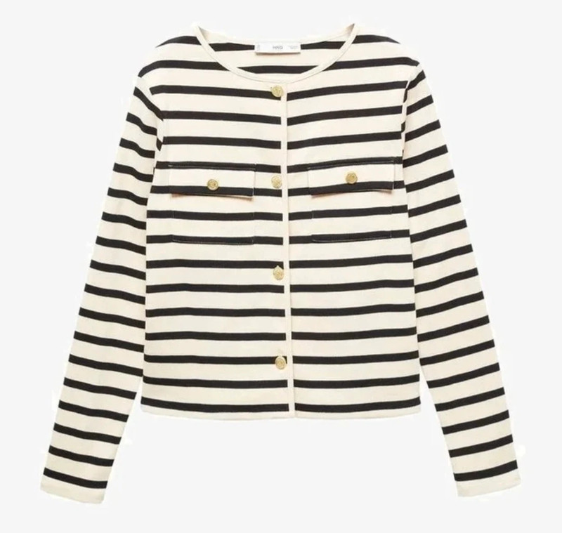 Chaqueta rayas negras y crudo de mango 1