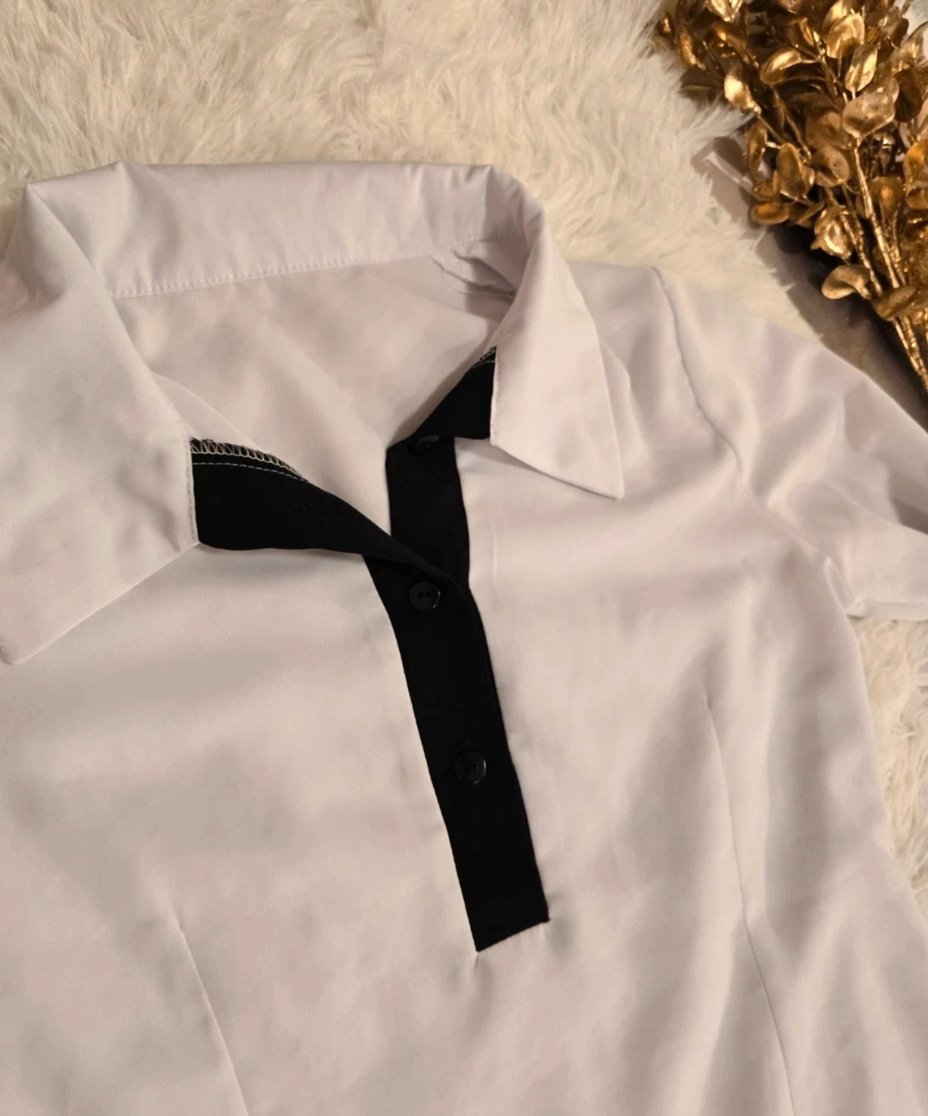 Shein Elegáns fehér ing fekete kontrasztos gallérral S méretű 3