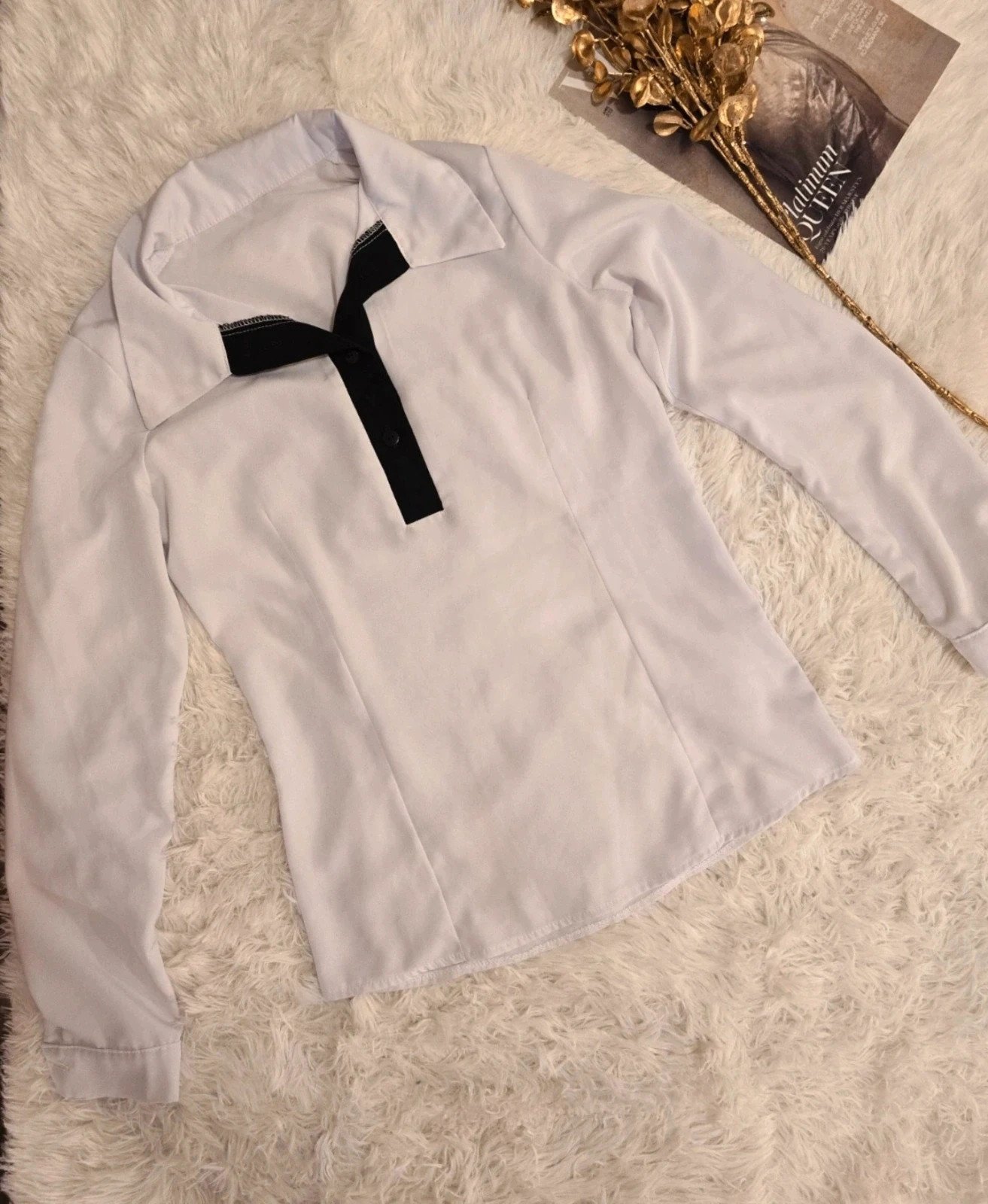 Shein Elegáns fehér ing fekete kontrasztos gallérral S méretű 1