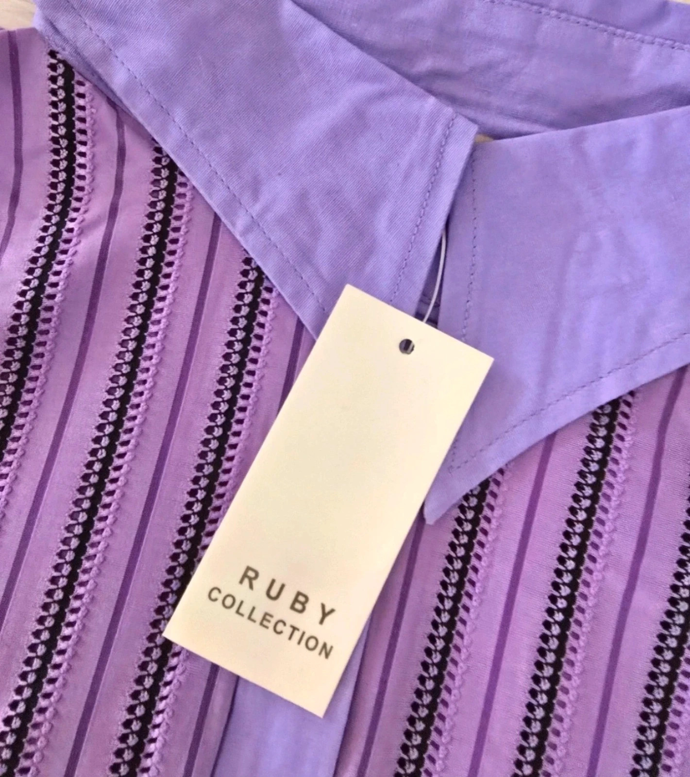 Ruby Collection női hosszú ujjú lila fekete csíkos ing L méretű Új címkés 4
