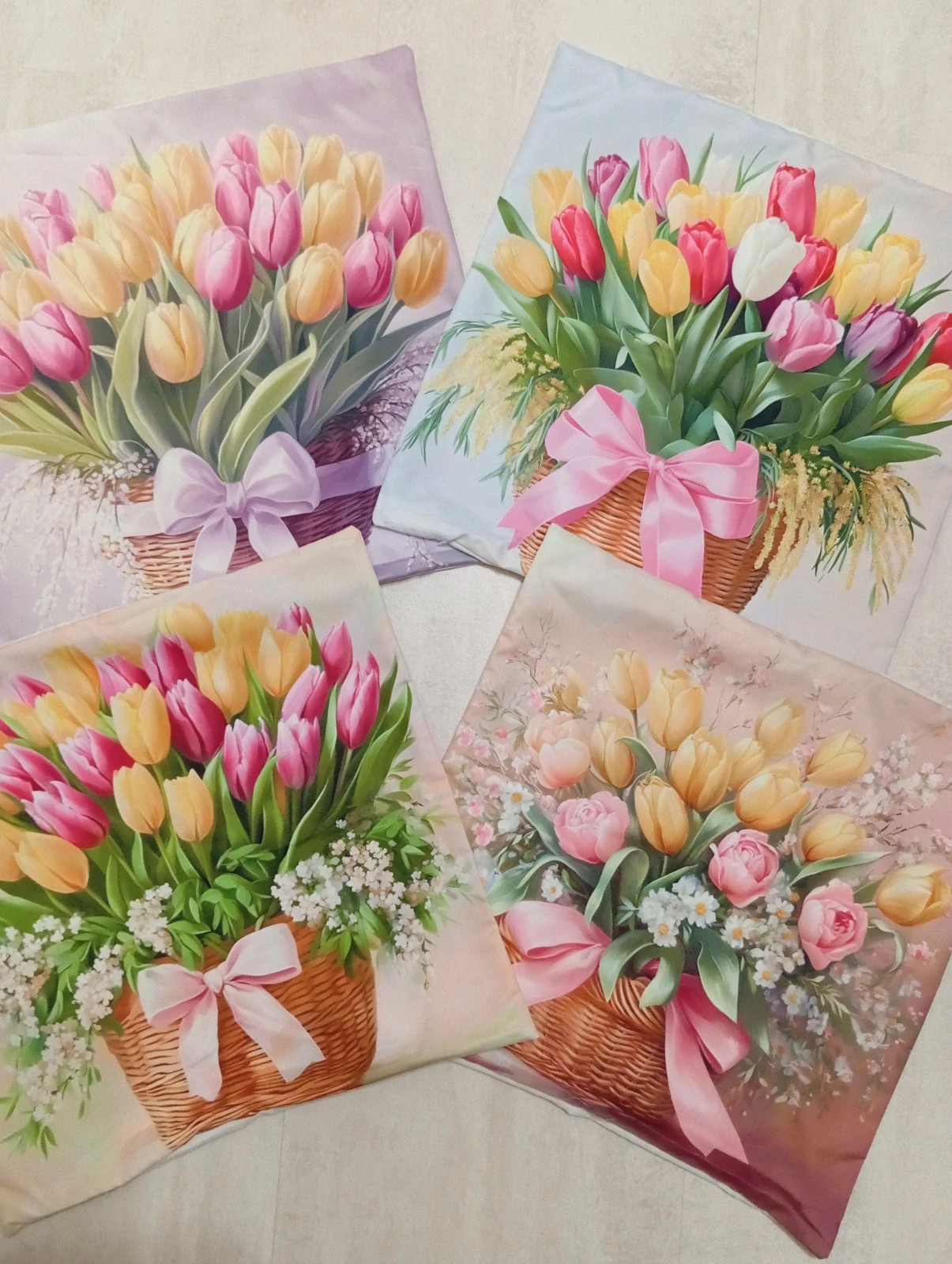 Pasztell tulipán kosarak párna huzat 4 darabos 2