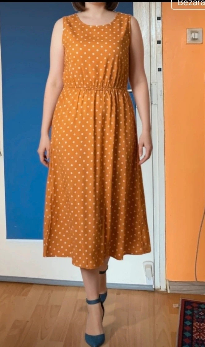 ÚJ mustársárga pöttyös gumis derekú ruha (XL / 42) 1