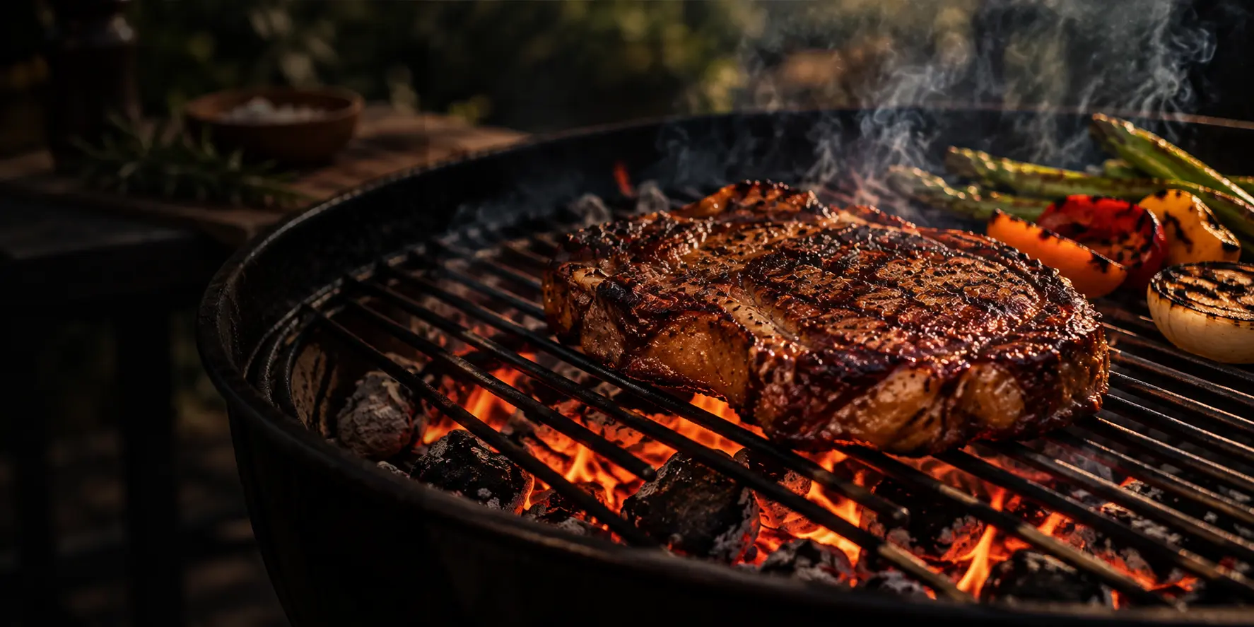 Thick ribeye steak searing over glowing hardwood lump charcoal in a premium charcoal grill, warm amber firelight and subtle smoke rising