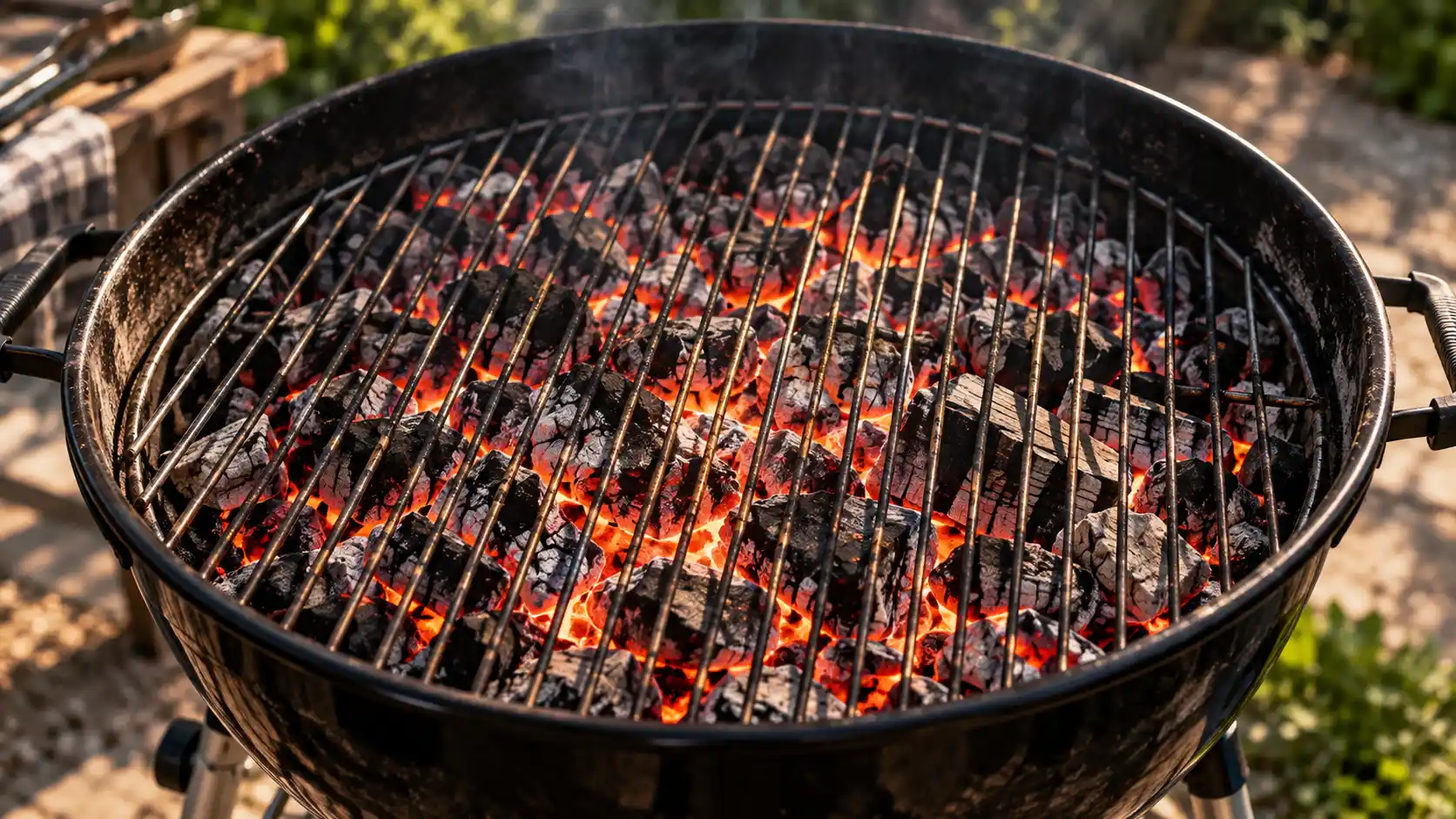 Overhead view of a kettle charcoal grill with glowing hardwood coals arranged on one side and an empty indirect cooking zone on the other