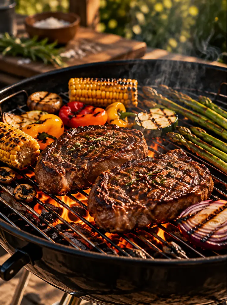 Assorted foods cooking over glowing charcoal, including steaks, vegetables, and corn