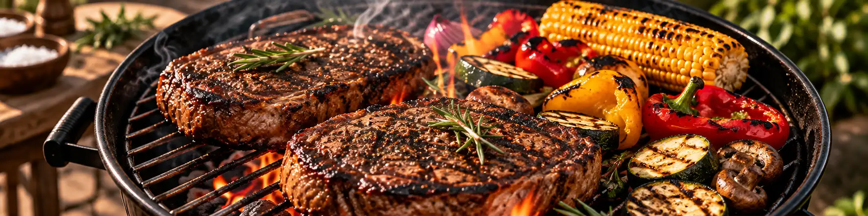Charcoal grill with glowing hardwood lump charcoal and grill grates lit by fire