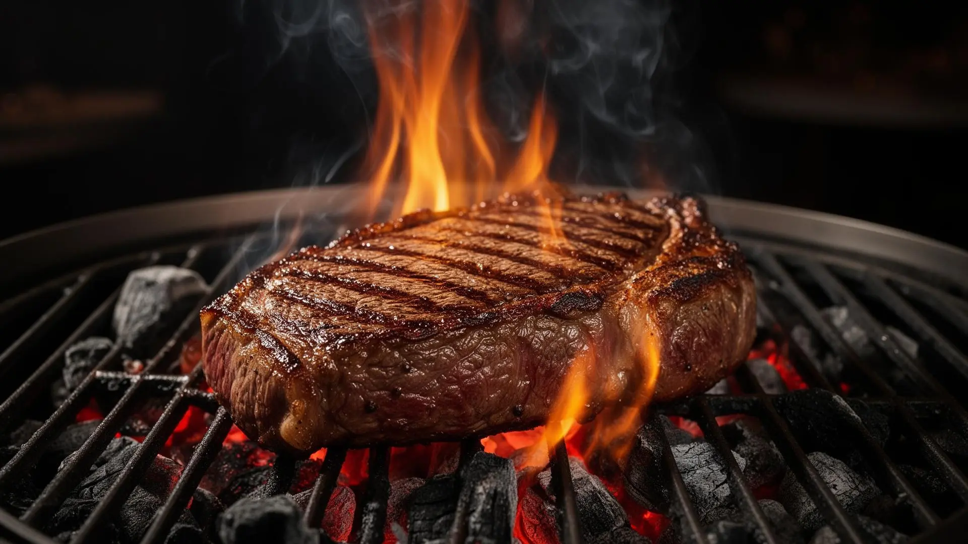 Ribeye steak grilling over glowing hardwood lump charcoal