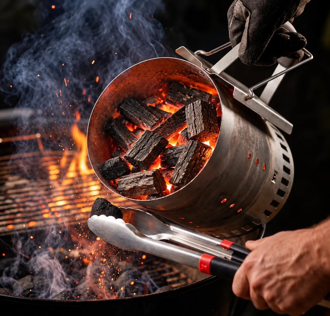 Charcoal chimney starter filled with glowing hardwood lump charcoal on a grill surface, gentle smoke rising in natural daylight