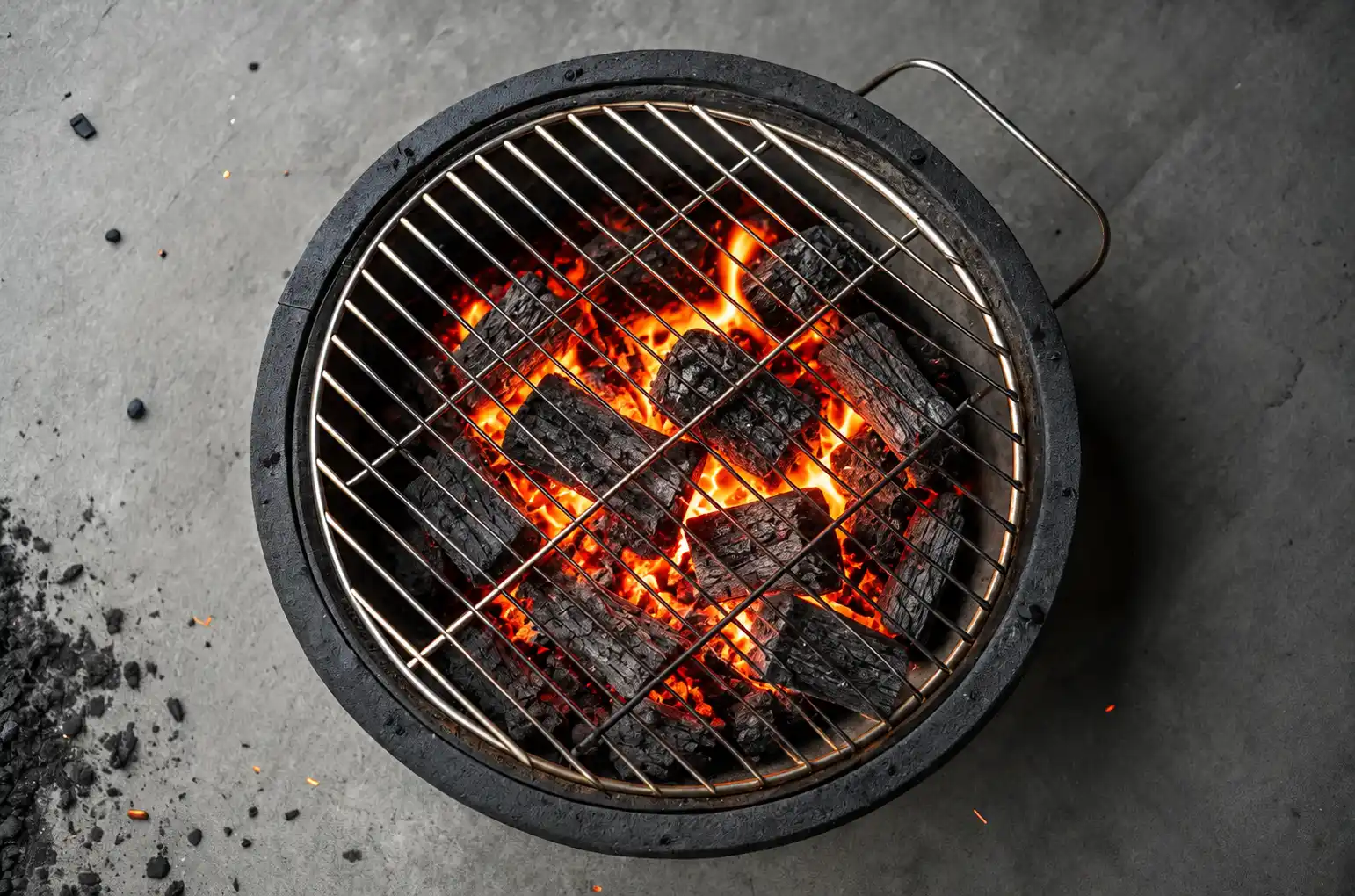 Overhead view of a charcoal grill with glowing coals banked on one side and an empty indirect-heat zone on the other side