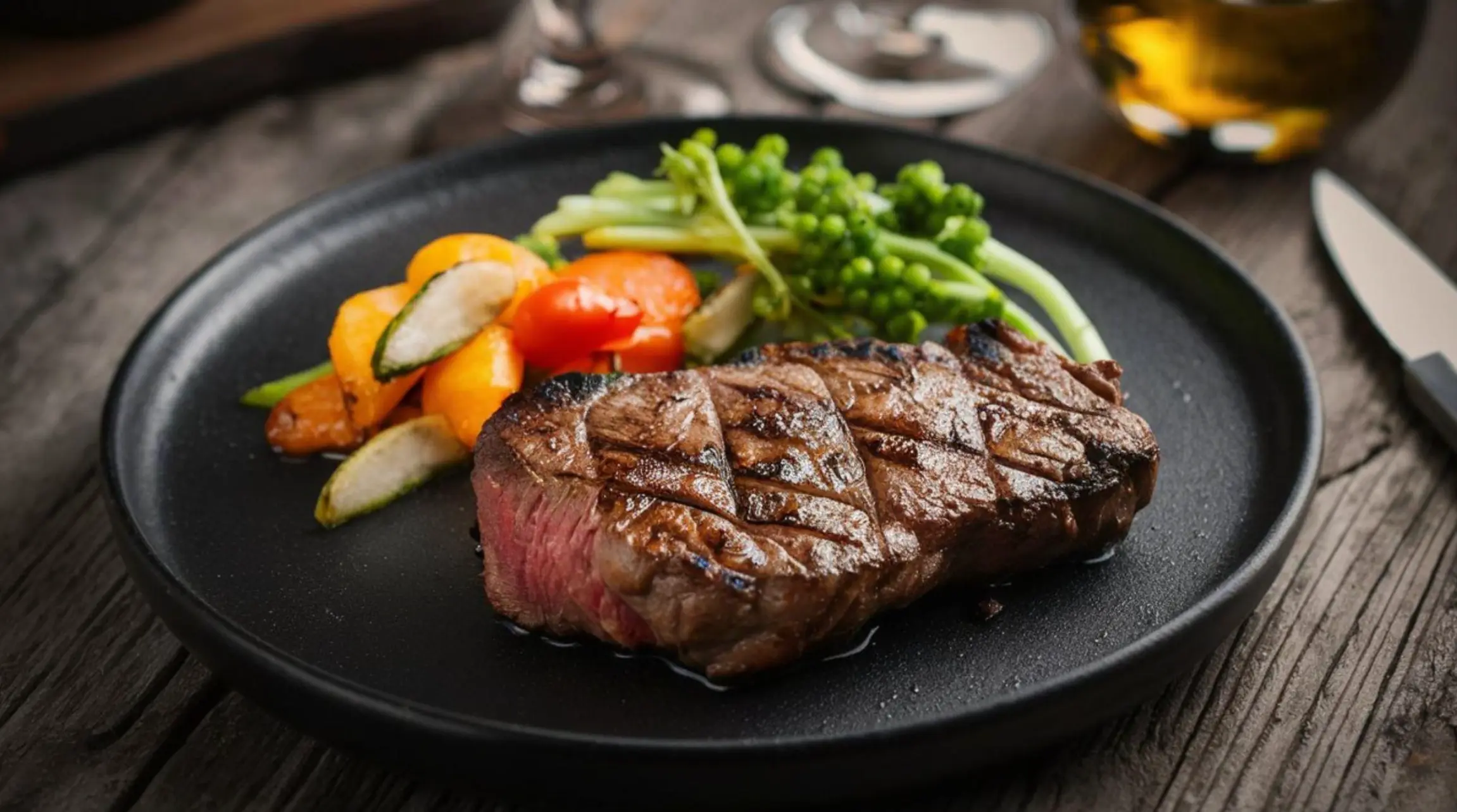 Premium outdoor cooking scene featuring a beautifully grilled steak, colorful vegetables, and golden corn with a charcoal grill in the background