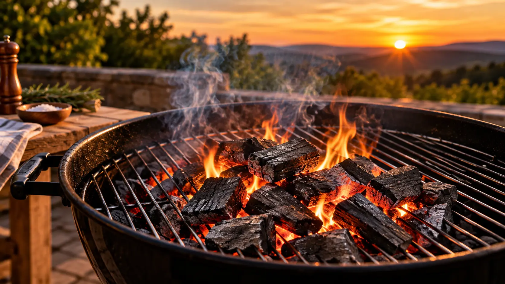 Hardwood charcoal grill at dusk with glowing orange coals beneath a clean grate, warm amber firelight and subtle smoke in a rustic outdoor setting