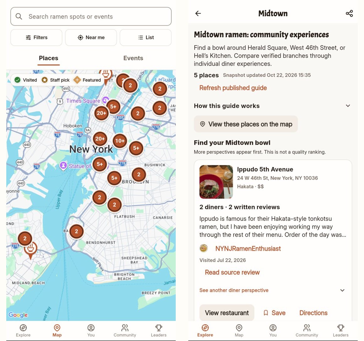 Current Ramen NYC 2.0.1 Map and Midtown community experiences guide showing map filters, neighborhood recommendations, and diner perspectives