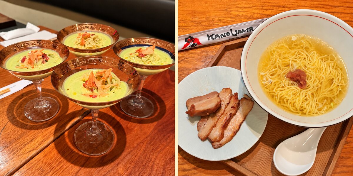 Four bowls of Kanoyama’s matcha ramen beside its seafood shio ramen with sliced chashu and Kanoyama-branded chopsticks