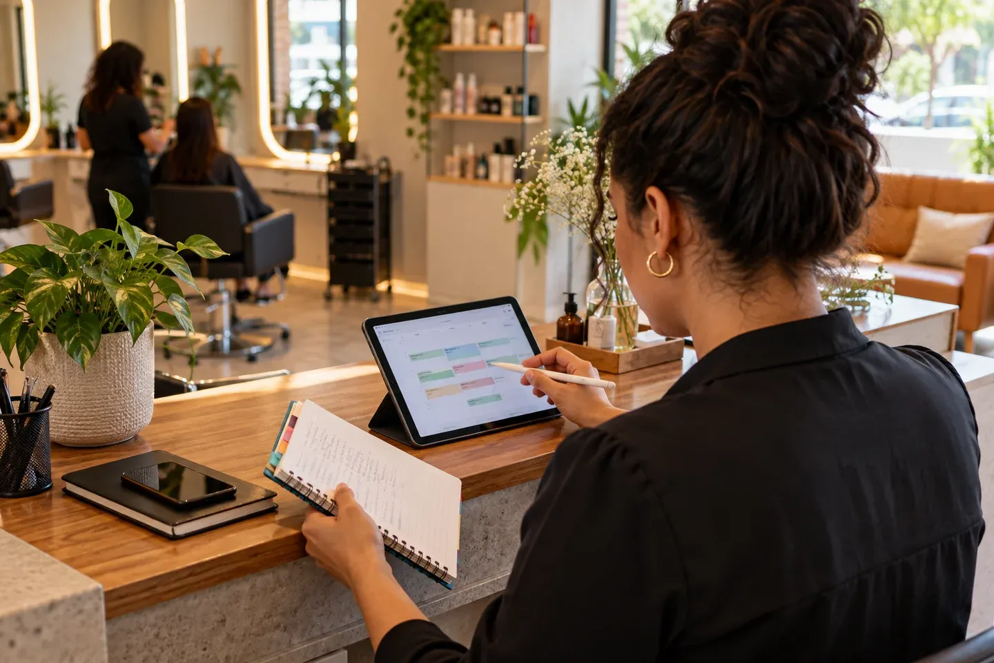 Gestora comparando anotações de serviços com registros no tablet
