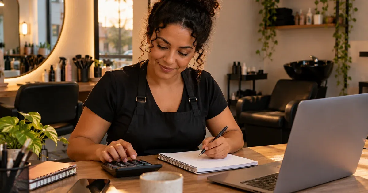 Gestora de salão conferindo registros com calculadora e caderno