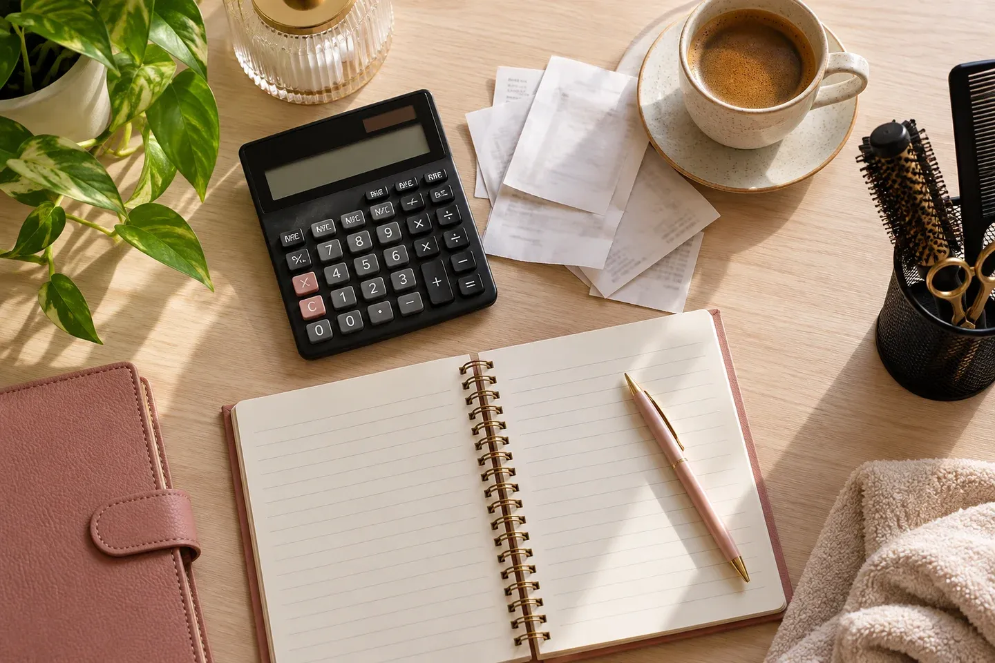 Calculadora, caderno e materiais de conferência financeira sobre uma mesa
