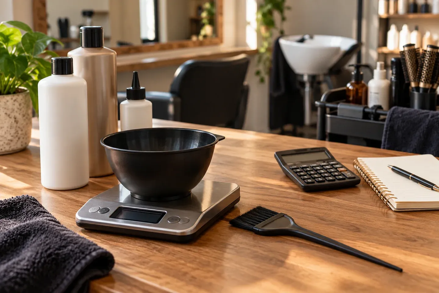 Balança, utensílios de coloração e calculadora para planejar custos do serviço
