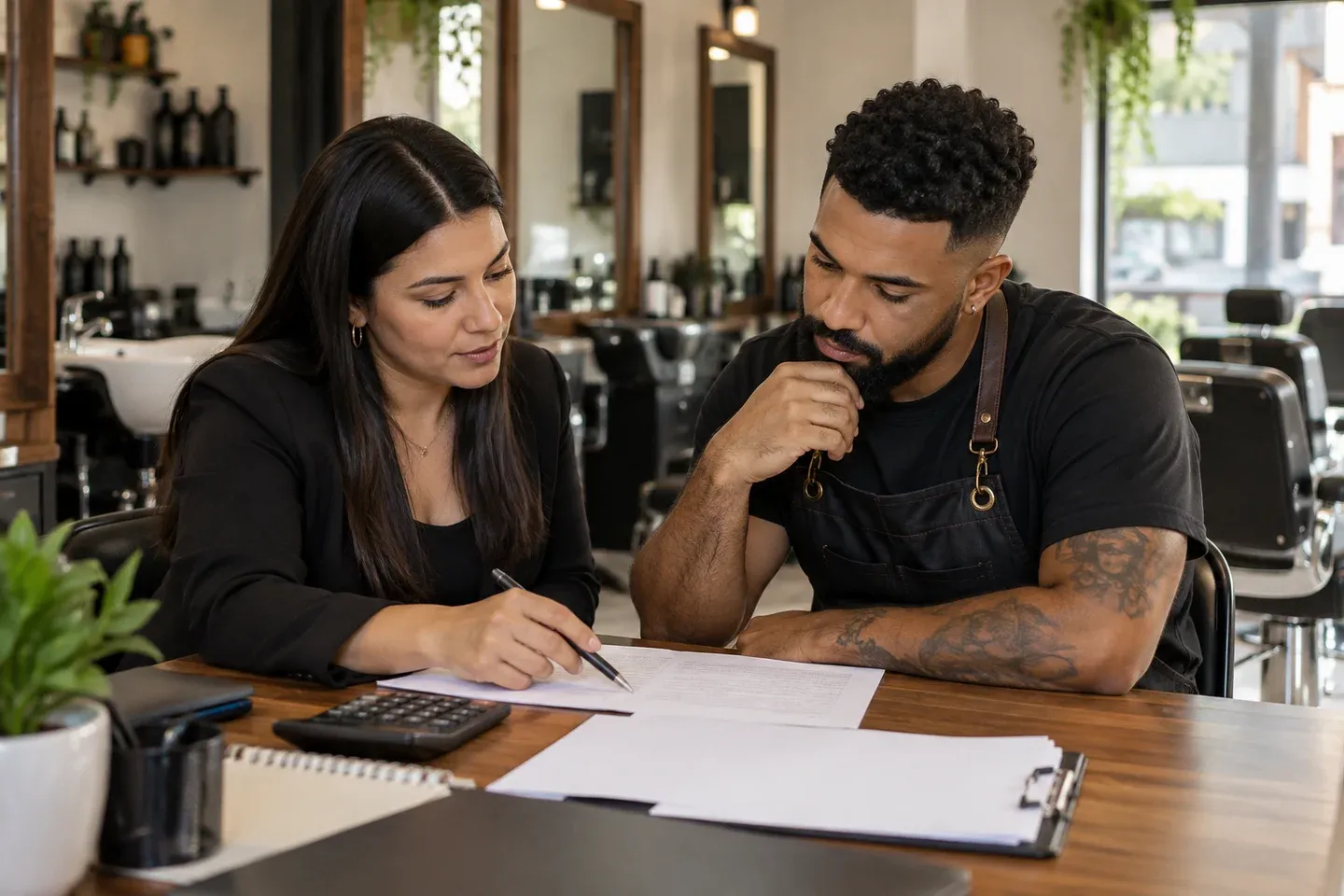 Gestora e barbeiro revisando registros junto a uma calculadora