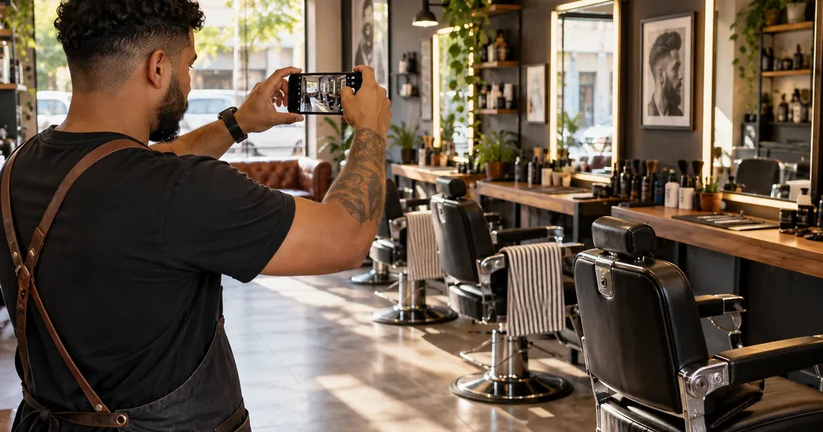 Barbeiro fotografando o ambiente organizado da própria barbearia