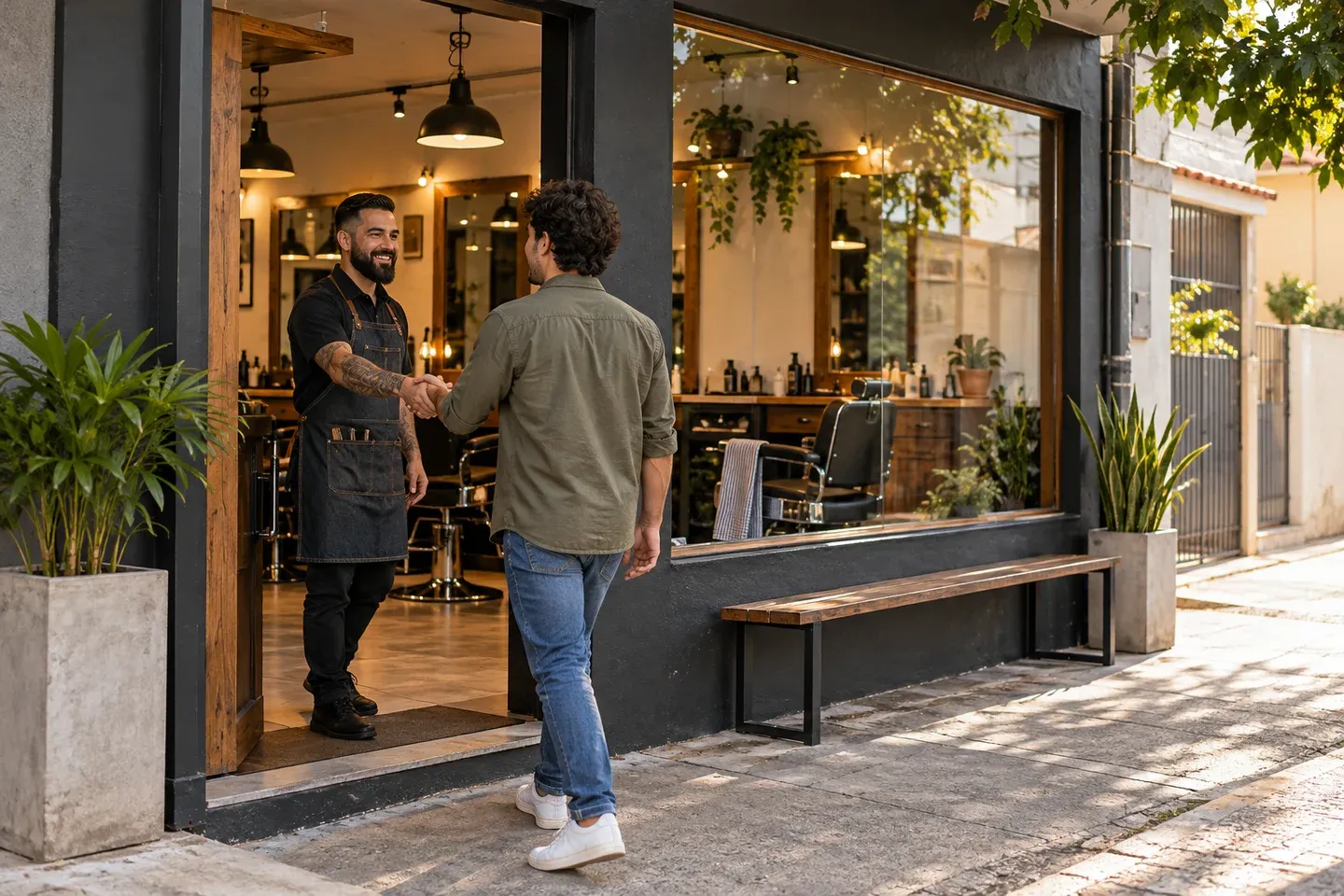 Profissional recebendo um cliente na entrada de uma barbearia de bairro