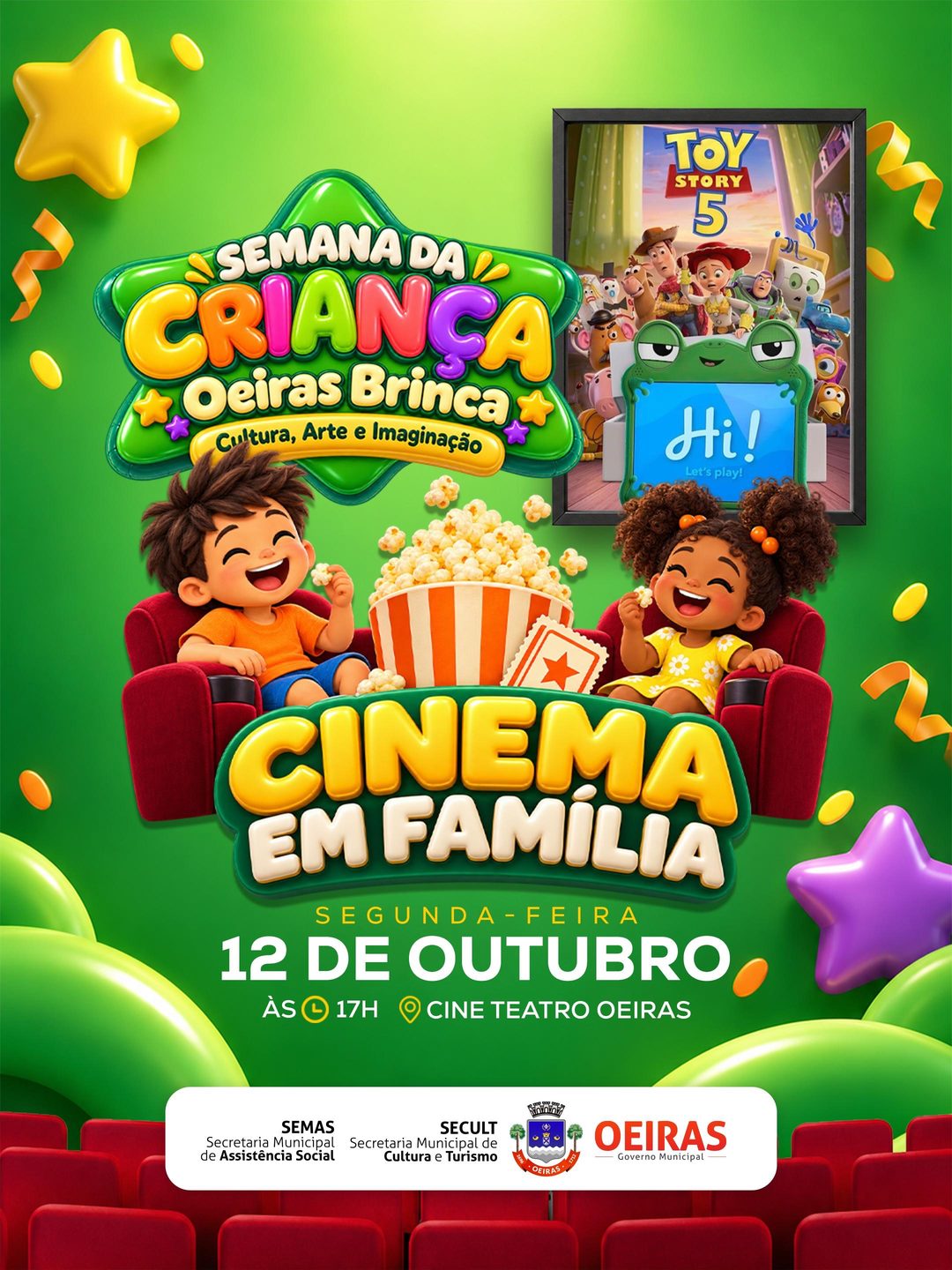 Cinema em Família será no Cine Teatro Oeiras, às 17h da segunda-feira (12)