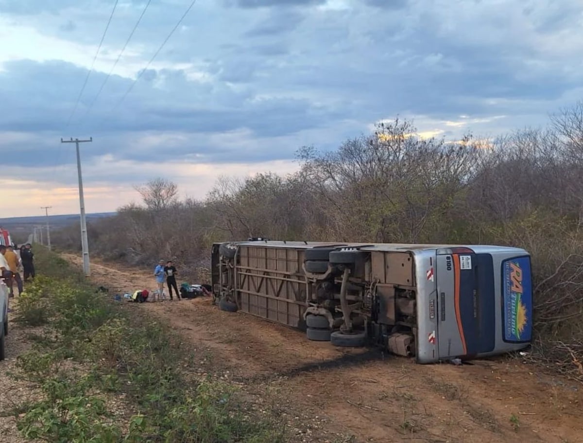 Ônibus com 10 pessoas tomba na PI-141 em São João do Piauí