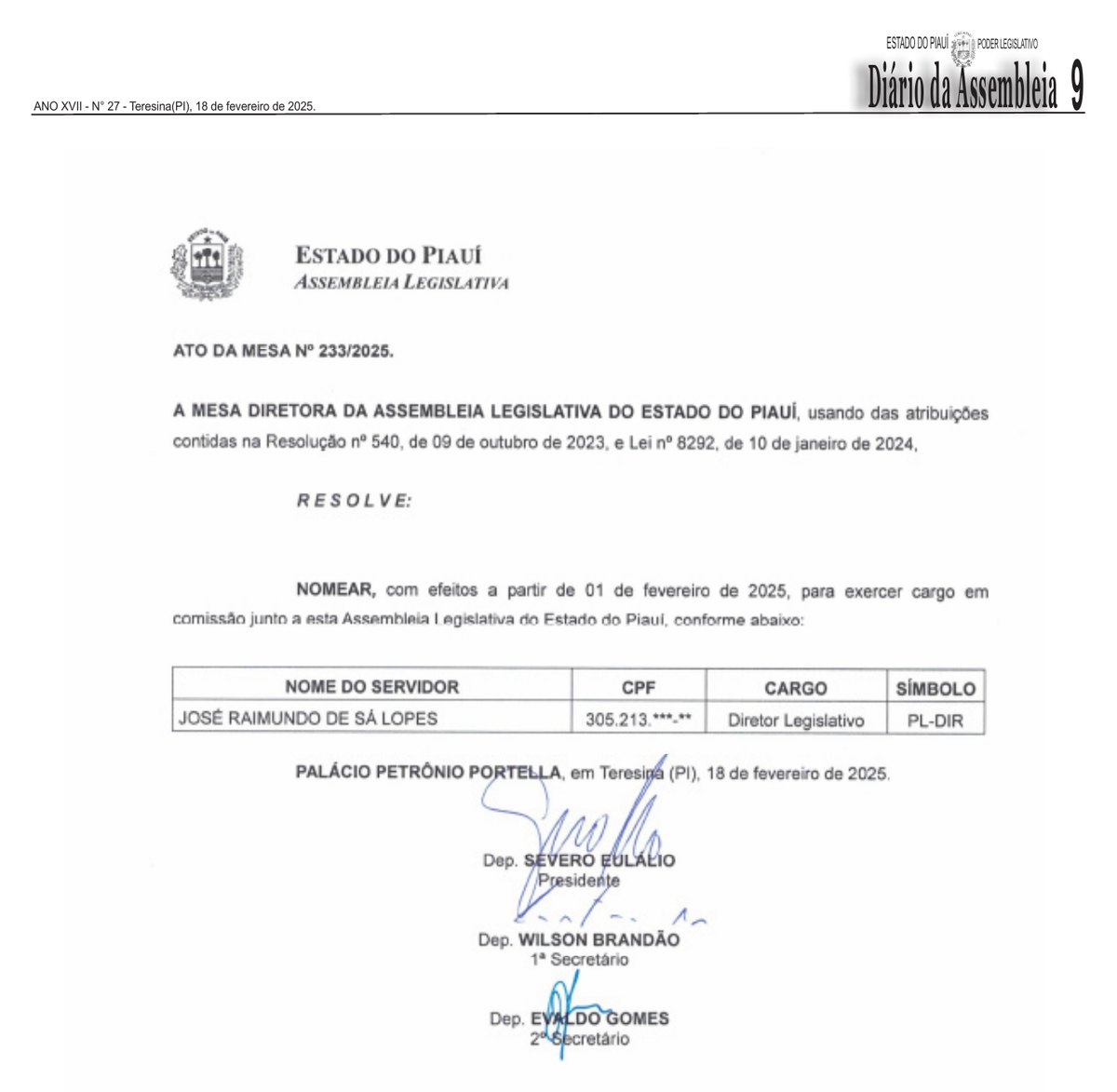 Página 9 do Diário da Assembleia de 18 de fevereiro de 2025, com o Ato da Mesa nº 233/2025