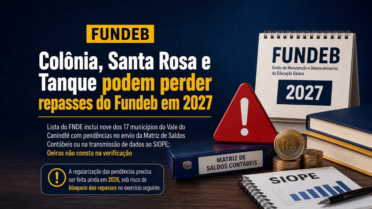 Colônia, Santa Rosa e Tanque podem perder repasses do Fundeb em 2027