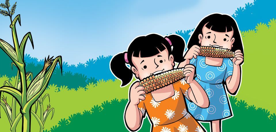 Image illustraton for the book:Chunu &amp; Munu: The Corn Is Yummy!
