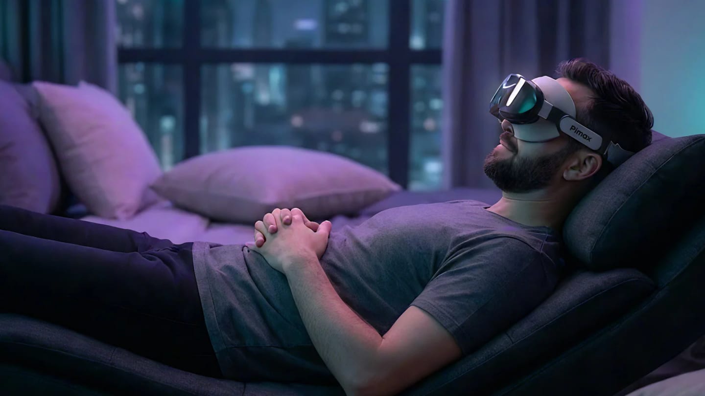 Mode inclinaison 6DOF : utilisateur allonge avec un casque Pimax