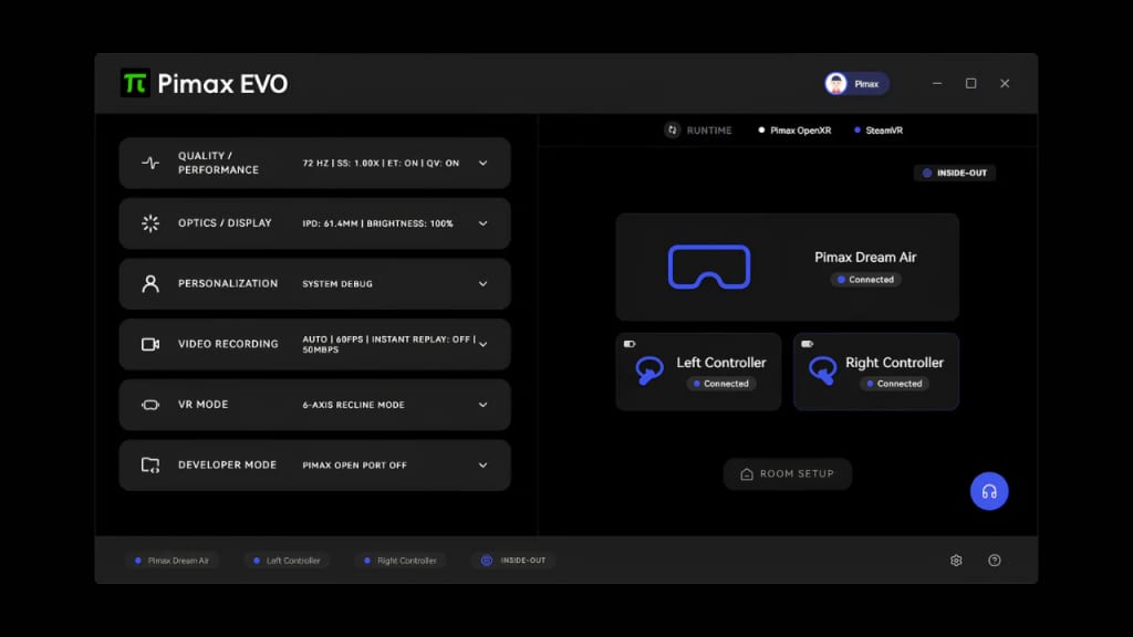 Capture d'ecran de l'interface de Pimax Play EVO