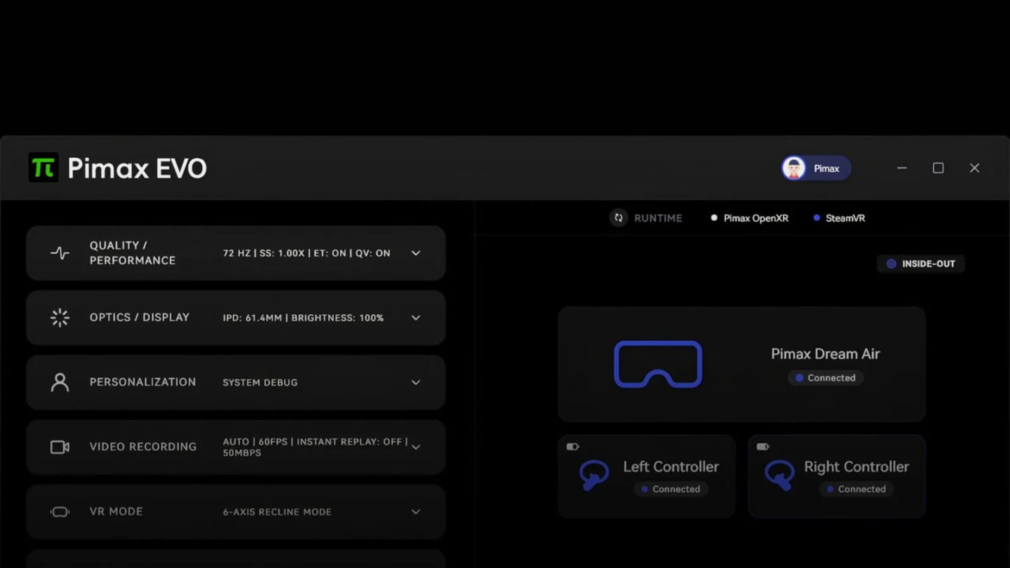 L'interface du client Pimax Play EVO sur PC