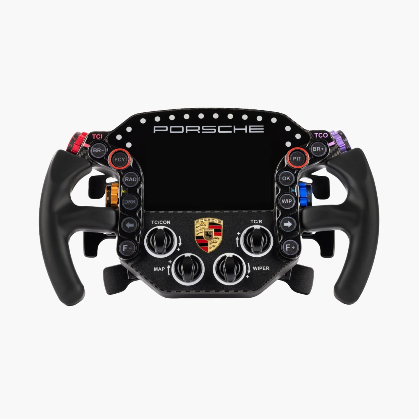 Vue de face du volant Porsche 911 RSR avec boutons illumines et ecusson Porsche