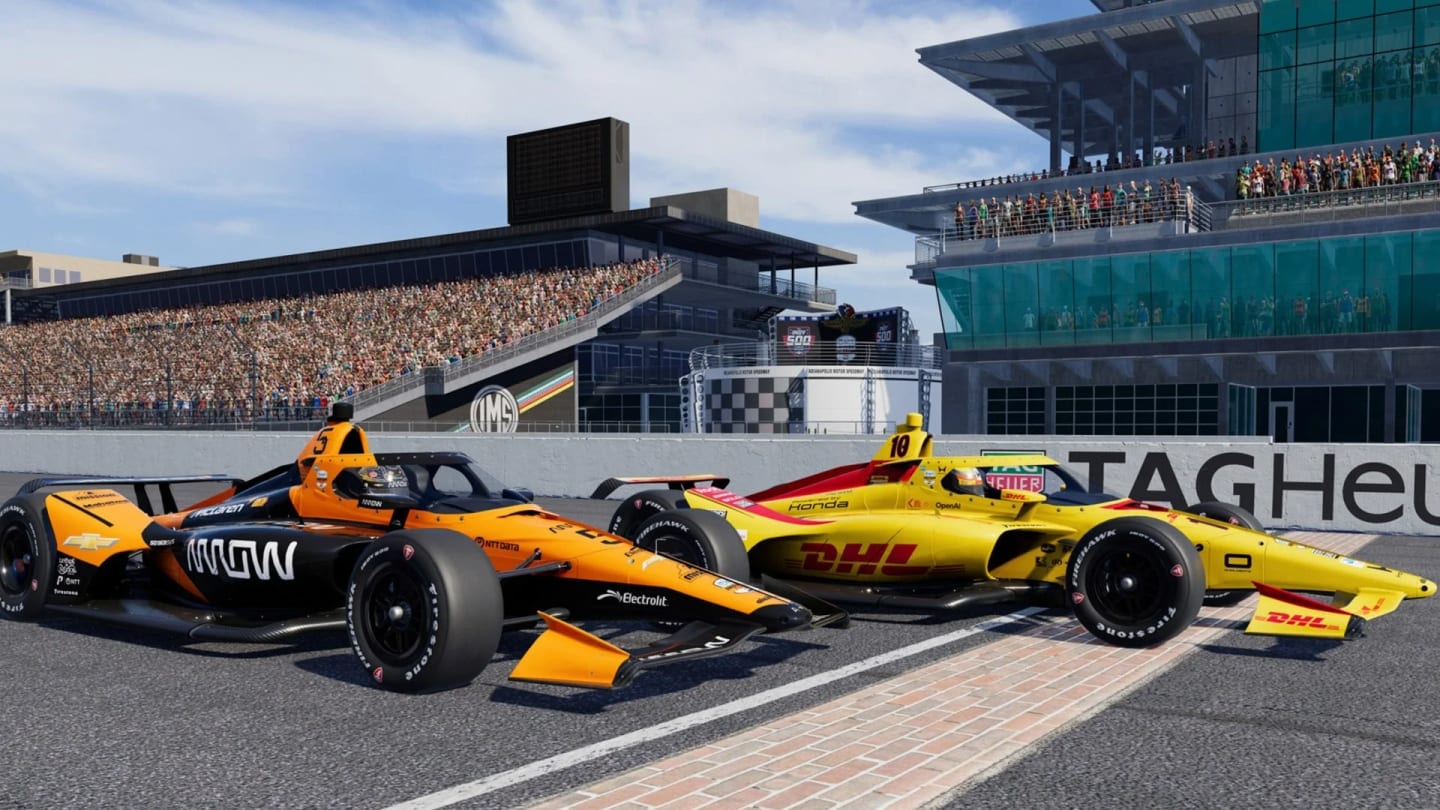 Visuel du jeu INDYCAR Racing The Game avec les monoplaces de Pato O'Ward et Alex Palou