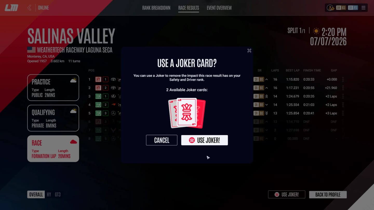 Écran de l'Event Joker réservé aux abonnés RaceControl dans Le Mans Ultimate