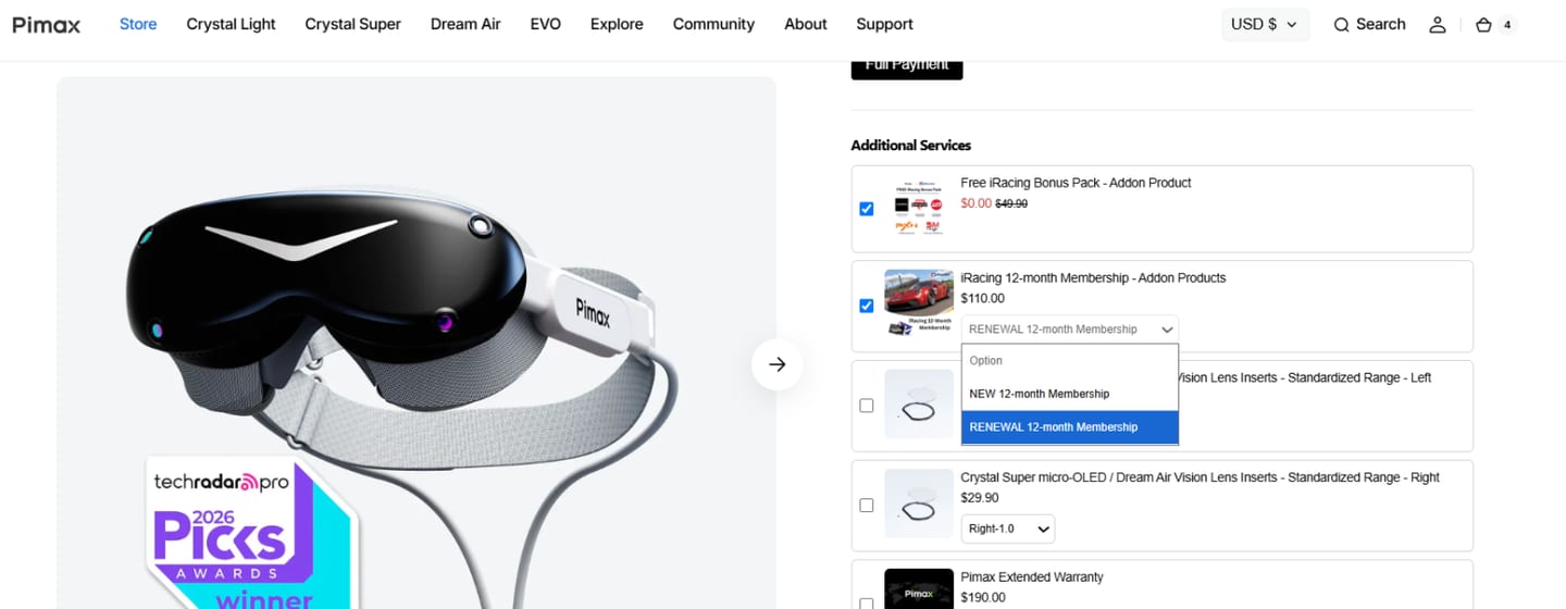 Page produit Pimax montrant les services additionnels a cocher
