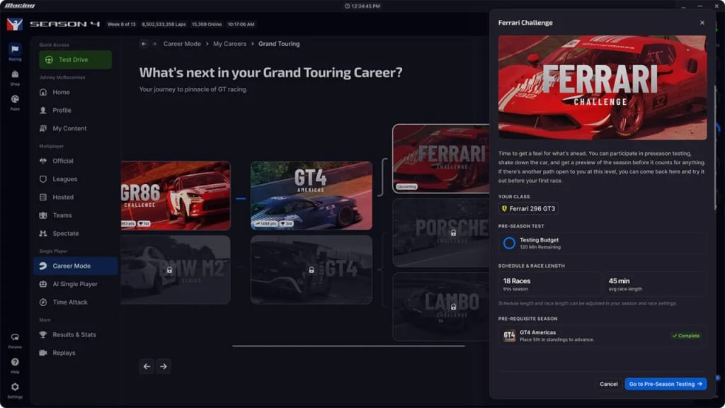 Écran du mode carrière solo d'iRacing