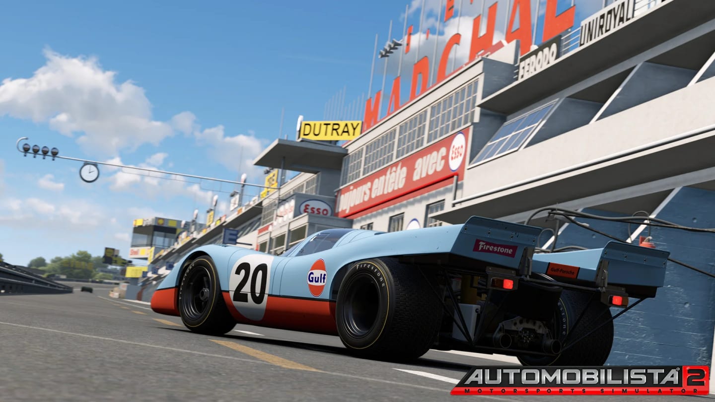 Porsche 917K dans une voie des stands du Mans des annees 70, Automobilista 2