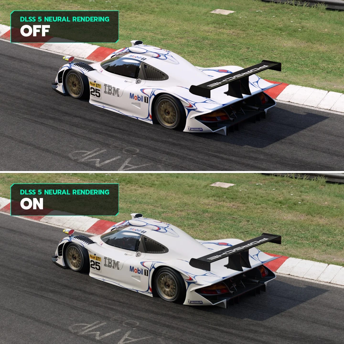 Comparaison DLSS 5 desactive et active dans Automobilista 2, seconde scene
