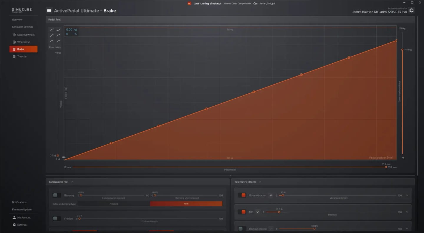 Profil de freinage dans Simucube Tuner pour la McLaren 720S GT3 EVO