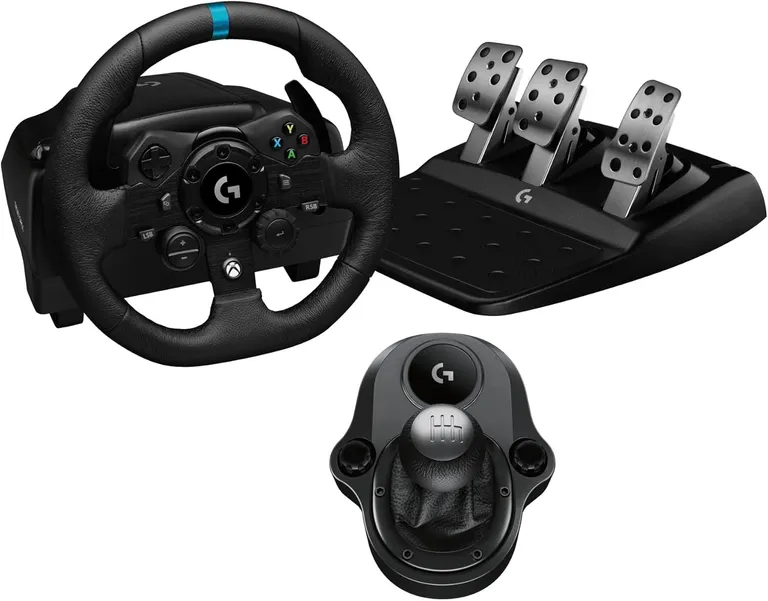 Logitech G G923 volant et pédalier de course, retour de force TRUEFORCE, cuir véritable + Logitech G Driving Force levier de vitesse - Xbox X|S, Xbox One, PC, Mac - Noir