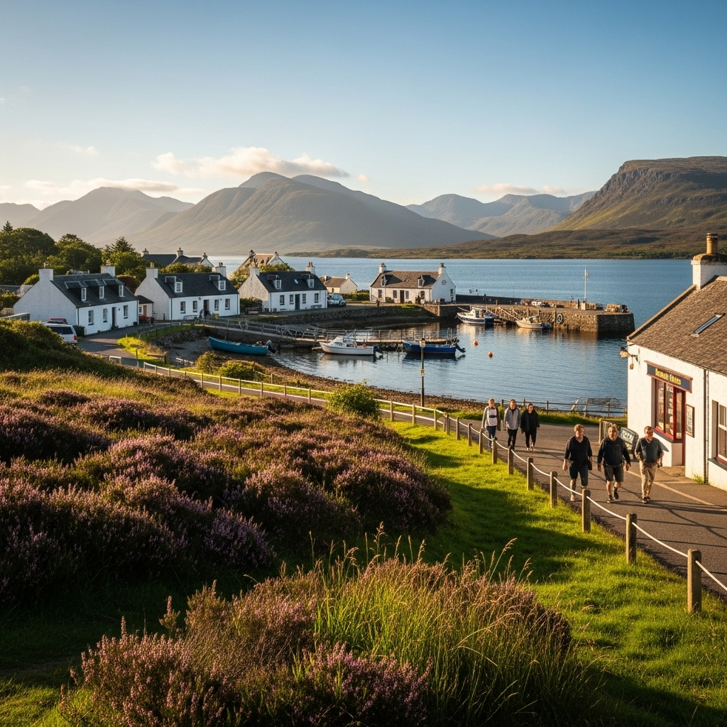 
        Create a visually captivating cover image which encompasses Nestled at the heart of the Isle, this quaint village serves as a perfect launchpad for exploring Skye’s dramatic landscapes, offering breathtaking views of rugged mountains and serene sea lochs. With its welcoming community, local artistry, and a blend of traditional and modern Scottish flavors, it's a retreat that captures the true essence of island living..
        Highlight the central location of Broadford. Focus on iconic landmarks, hidden gems, and the unique atmosphere of the location as described. Depict the image during summer.