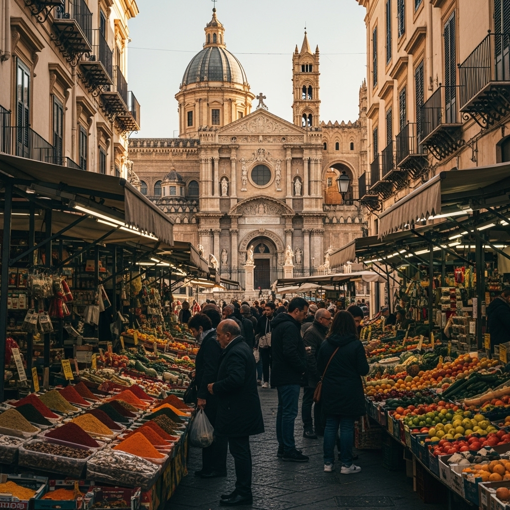 
        Create a visually captivating cover image which encompasses Dive into a blend of architectural grandeur and bustling street life where every corner seems to tell a story. Explore vibrant markets brimming with the scents of Sicilian spices and fresh produce, while the rich history reflects in its stunning cathedrals and palaces. Whether you're a foodie, history buff, or just seeking an authentic Italian experience, this is a destination that captivates the soul..
        Highlight the central location of Palermo. Focus on iconic landmarks, hidden gems, and the unique atmosphere of the location as described. Depict the image during autumn.