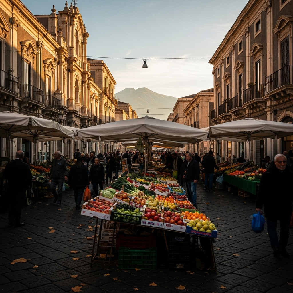 
        Create a visually captivating cover image which encompasses Discover an eclectic blend of ancient history and modern vibrancy in this bustling city. Nestled at the foot of the majestic Mount Etna, it offers stunning baroque architecture, thriving markets, and delectable culinary experiences that reflect the rich cultural tapestry of Sicily..
        Highlight the central location of Catania. Focus on iconic landmarks, hidden gems, and the unique atmosphere of the location as described. Depict the image during autumn.