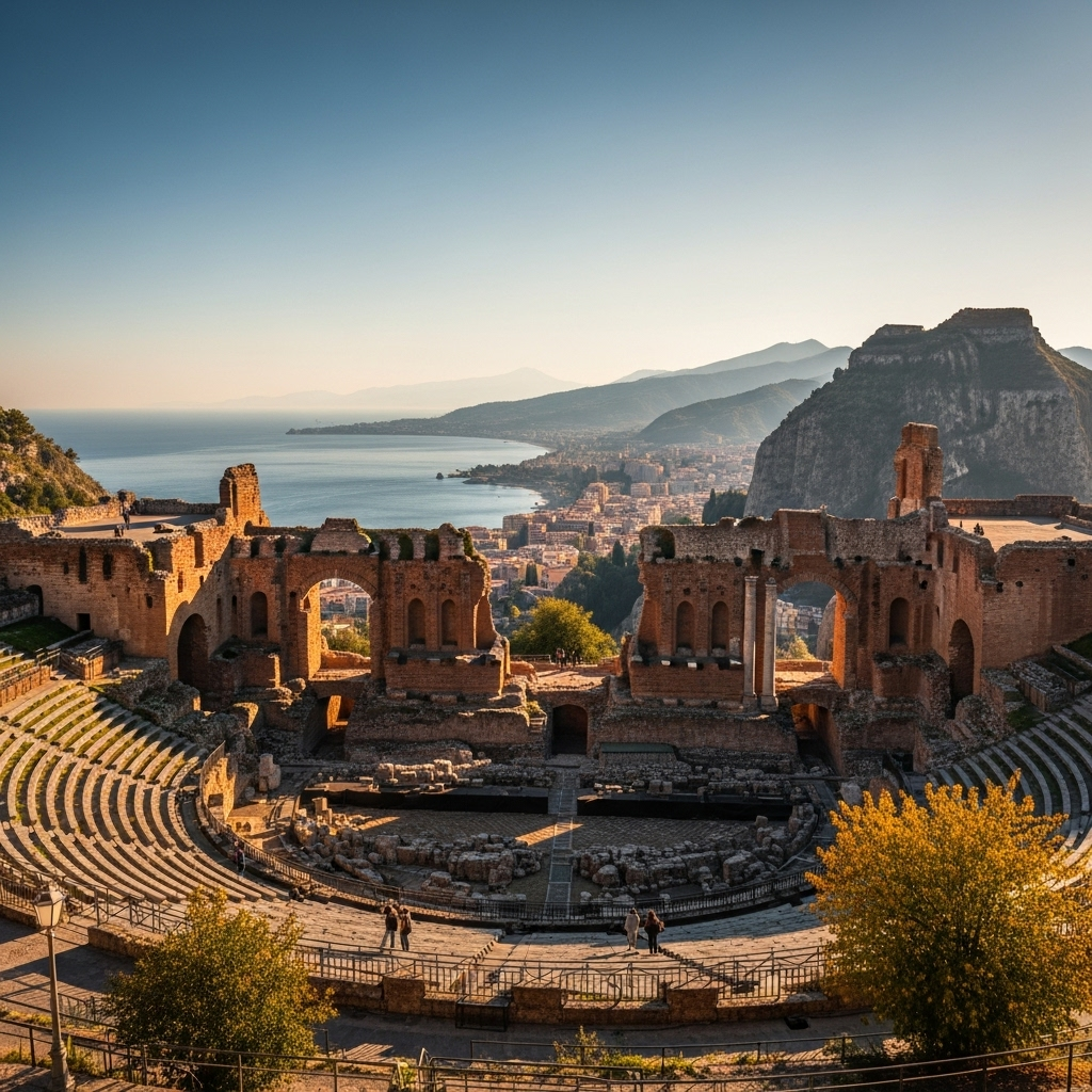 
        Create a visually captivating cover image which encompasses With its mesmerizing blend of classic architecture, stunning vistas of the Ionian Sea, and a rich tapestry of historical intrigue, this locale is a delight for culture enthusiasts and sun-seekers alike. Marvel at the ancient Greek Theatre, meander down charming cobblestone streets, and savor local Sicilian cuisine as you immerse yourself in the timeless beauty and refined elegance of this idyllic setting..
        Highlight the central location of Taormina. Focus on iconic landmarks, hidden gems, and the unique atmosphere of the location as described. Depict the image during autumn.