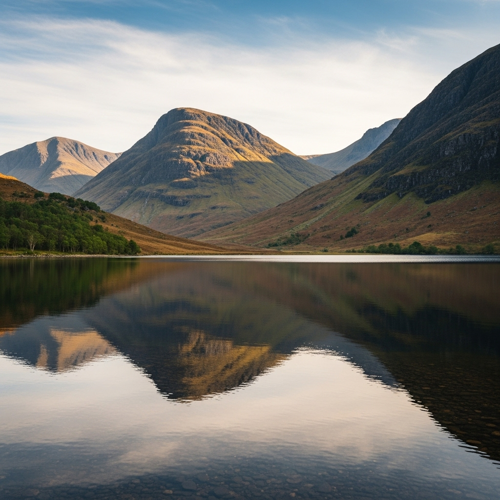 
        Create a visually captivating cover image which encompasses Surround yourself with the majestic allure of sweeping mountains and tranquil lochs in this enchanting Highland retreat. Ideal for outdoor enthusiasts, this location offers breathtaking landscapes for hiking, photography, and exploring Scotland's rich natural heritage. Its dramatic scenery provides an unforgettable experience for those seeking both adventure and serenity..
        Highlight the central location of Glencoe. Focus on iconic landmarks, hidden gems, and the unique atmosphere of the location as described. Depict the image during summer.